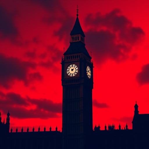 Create a high-resolution vector illustration of Big Ben silhouetted against a dramatic red background, with moody clouds, using a Canon EOS R5, f/8 aperture, 1/200s shutter speed, 24mm lens, and a wide-angle perspective to capture the grandeur of the tower.