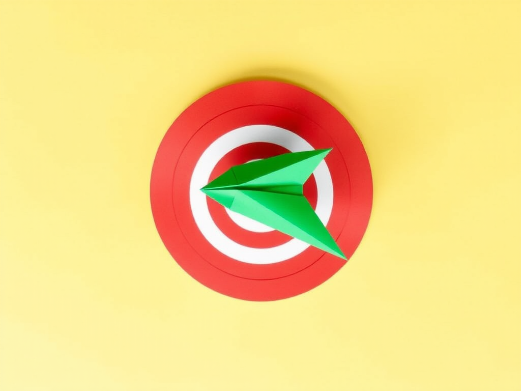 create a minimalist design of a green paper airplane flying towards a red and white target on a light yellow background, focus on vibrant colors and sharp contrasts, use a DSLR camera with f/4 aperture, ISO 100, 50mm lens, and a top-down view to enhance image quality