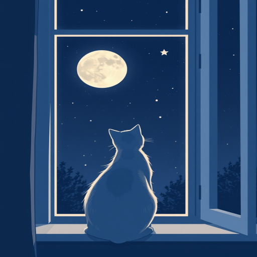 Create an illustration of a cat sitting by a window at night, gazing at the moon and stars outside, using a digital art style with soft lines and a minimalist aesthetic, camera settings: ISO 100, aperture f/4, shutter speed 1/60s, camera view: medium shot, camera type: digital mirrorless.