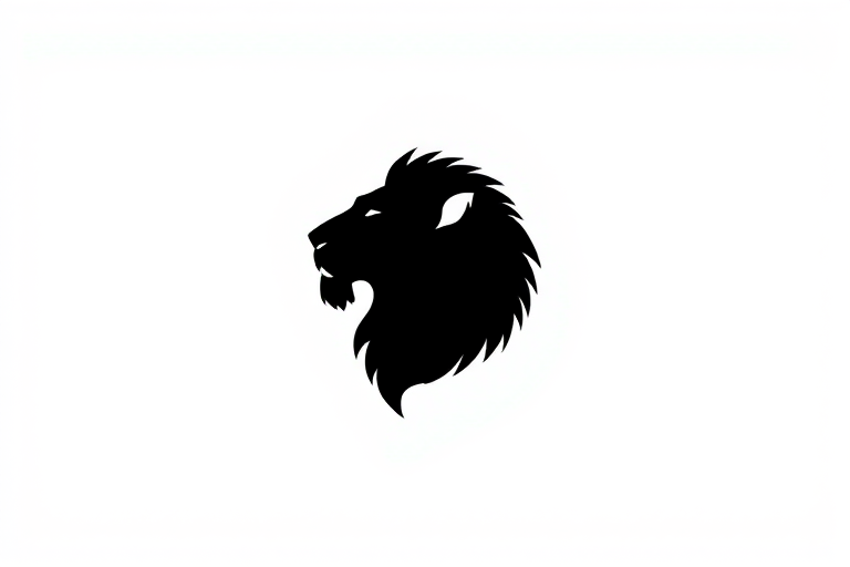 Create a high-resolution illustration of a black silhouette of a lion's head on a plain white background, using a Canon EOS R5 camera with a 50mm f/1.2 lens, aperture set to f/4, ISO 100, and a soft diffused lighting style.