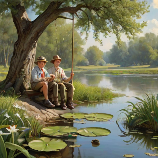 Imagine a small group of old fashioned young boys out fishing by the creek, a swing hanging from a tree branch, reeds and grasses by the water's edge, a frog sitting on a lily pad, dragonflies hovering over som water plans, a very iconic old fashioned scene reminiscent of a Norman Rockwell painting style
