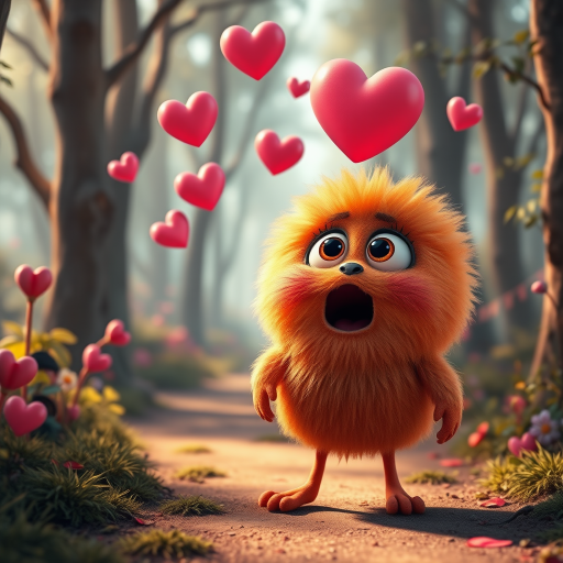 A fluffy orange creature with large eyes and a wide open mouth stands on a path in a whimsical forest, bright pink and red hearts float through the air, the creature has a surprised expression, the light is warm and soft, photorealistic, digital art, 3D style