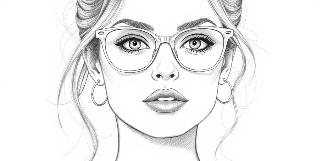 Beautiful Margot Robbie, pencil sketch, portrait of beautiful woman 60s in glasses, hair style beatnik, outline, clear lines, fine lines, 8k