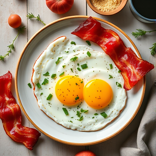 overhead shot of a breakfast spread featuring fried eggs, crispy bacon, and fresh herbs, captured with a Canon EOS R5, 50mm lens, aperture f/2.8, ISO 100, natural light for enhanced brightness and color vibrancy
