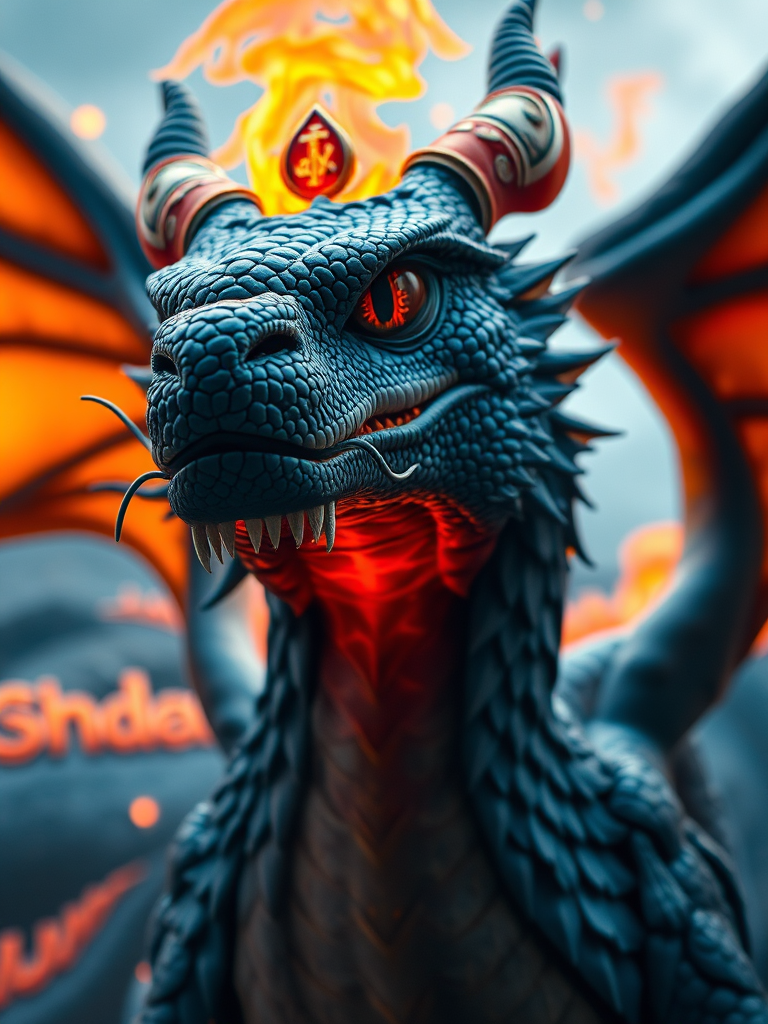 Majestic dragon with blue scales and fiery orange flames, high resolution, 50mm lens, f/2.8 aperture, ISO 100, low angle view, digital art style, cinematic lighting.