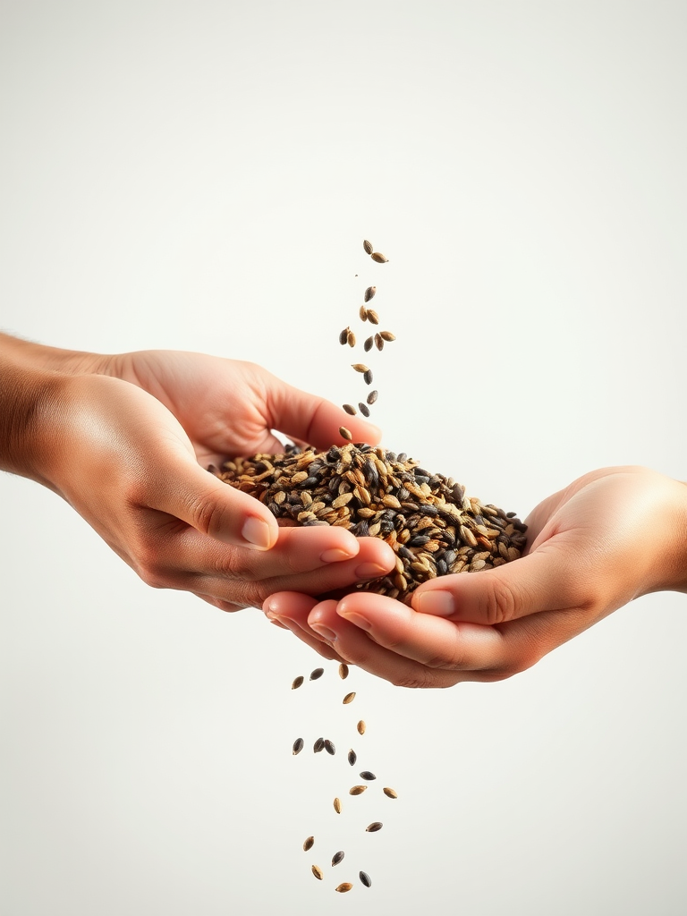 Regenerate an image of two hands pouring seeds against a plain background with high-resolution settings, aperture f/2.8, shutter speed 1/250s, ISO 100, 50mm lens, macro view, soft lighting, and DSLR camera type.