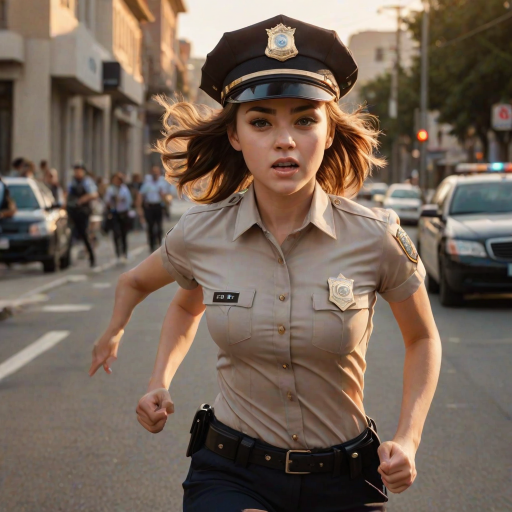 beautiful girl, beautiful face, running, angry,  cute body type, police cap, police, cop, police uniform, Beige, Blunt Cut,   Golden Hour Lighting,  Rule of thirds composition, ultra high res, masterpiece, (photorealistic:1.4), 1girl, cute