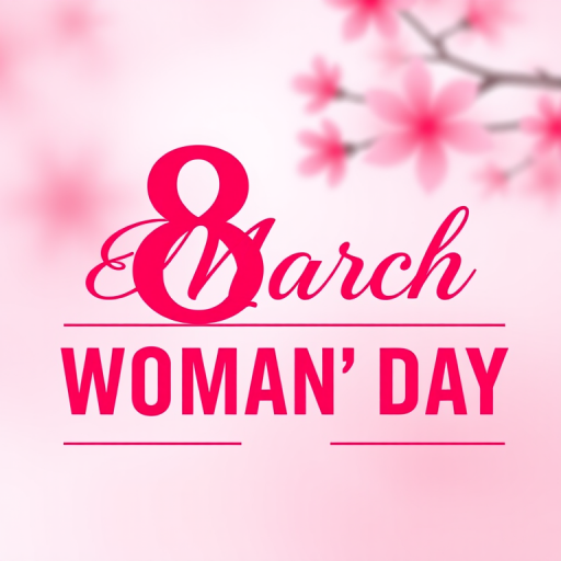 Create a vibrant and colorful graphic design for International Women's Day featuring the text "8 March" and "WOMAN'S DAY" in elegant fonts, with a pink and red color palette, using a Canon EOS R5 camera, f/2.8 aperture, 50mm lens, and a shallow depth of field for a soft background blur.