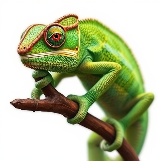 Create a highly detailed illustration of a green chameleon perched on a branch, using a macro lens with an aperture of f/2.8, ISO 100, 1/200 sec shutter speed, shot from a slightly elevated angle to emphasize the chameleon's features and textures, rendered in vibrant, natural colors for high realism.