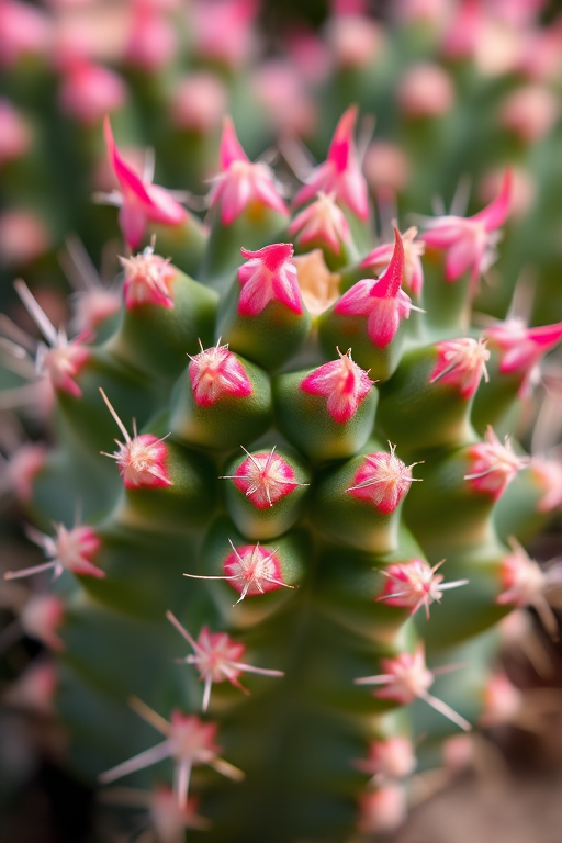 Close-up of a vibrant cactus with pink and green coloration, shallow depth of field, natural light, macro lens at f/2.8, 50mm focal length, ISO 100, taken with a DSLR camera for enhanced detail and color contrast.