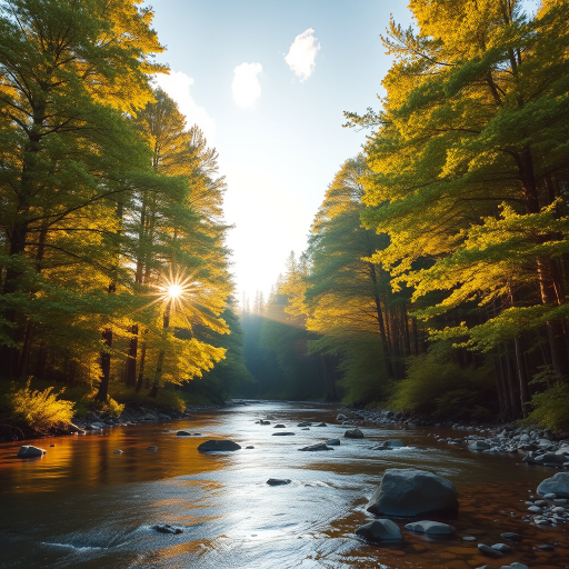 Create an image of a serene, sunlit forest scene with a clear, gently flowing river. Tall trees with lush green foliage line both sides of the river, their leaves bathed in the warm golden light of the setting or rising sun. The sunlight filters through the trees, casting soft, dappled light on the river, which flows over smooth rocks and pebbles, creating a peaceful, natural atmosphere. The sky is bright with a few scattered clouds, and the overall mood is tranquil, evoking a deep sense of connection with nature. The image captures the beauty of a calm, pristine forest landscape at either dawn or dusk.