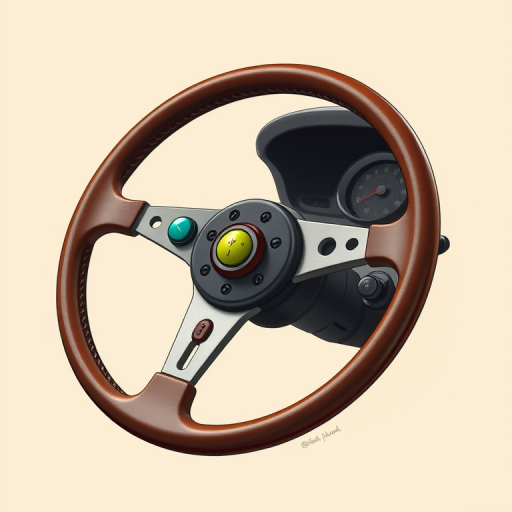 Create a high-resolution digital illustration of a vintage steering wheel with three colorful buttons, using a close-up view on a neutral background, ensuring a smooth and detailed texture, simulating a DSLR camera shot with aperture f/2.8, ISO 100, and lens focal length of 50mm.