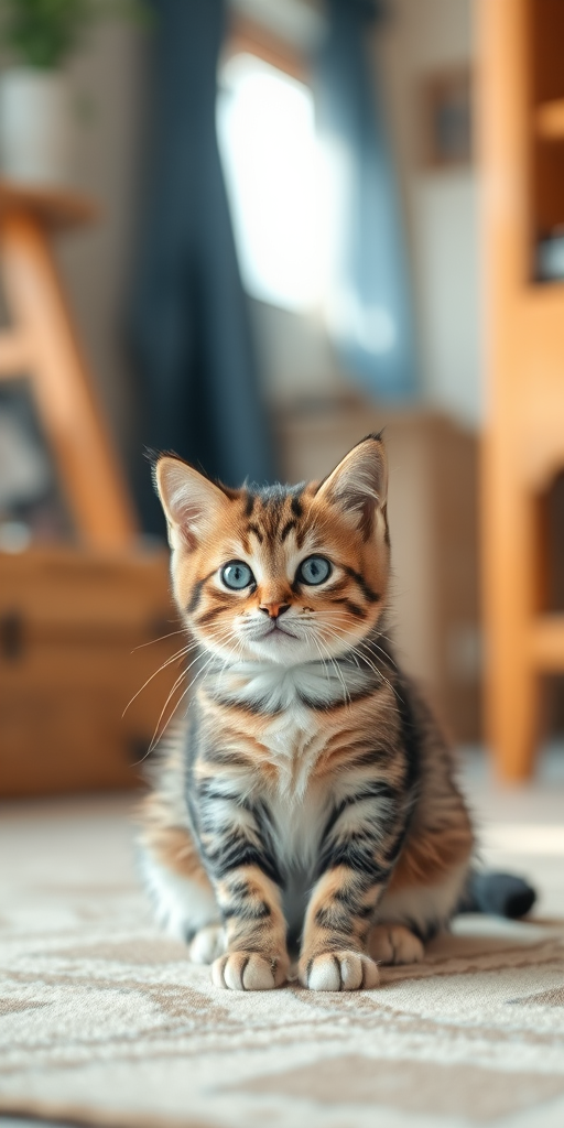 Regenerate the image of a cute cat sitting serenely in a cozy indoor setting, using a DSLR camera with a 50mm lens, aperture f/1.8 for a shallow depth of field, ISO 200 for optimal light sensitivity, and a natural light setup for soft illumination.