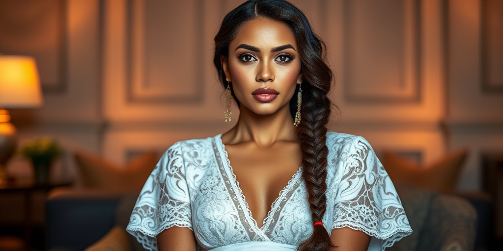 Create a portrait of a refined and elegant Hawaiian woman seated in a sophisticated setting. She has long, wavy hair styled in two thick braids that are pulled over her shoulders. She wears a white, lace gown with intricate patterns, featuring a deep V-neckline and short sleeves. The dress exudes a vintage charm with its delicate lacework. She is adorned with ornate, dangling earrings that add a touch of glamour to her appearance. The background is softly lit, with warm, ambient lighting that creates a cozy and inviting atmosphere. Her expression is poised and serene, capturing a sense of grace and elegance.