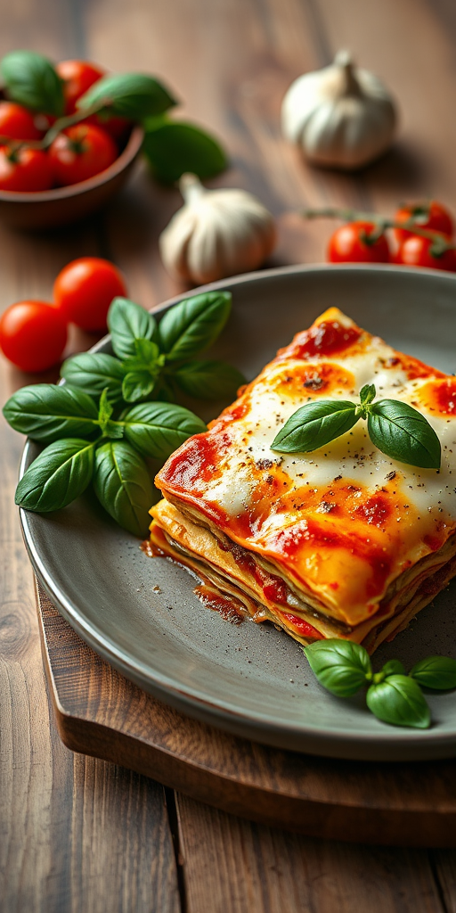 A beautifully arranged plate of lasagna with melted cheese, fresh basil, cherry tomatoes, and garlic on a wooden table, shot with a Canon EOS R5, 50mm lens, aperture f/1.8, ISO 100, with soft natural lighting and a shallow depth of field to enhance the details and textures.