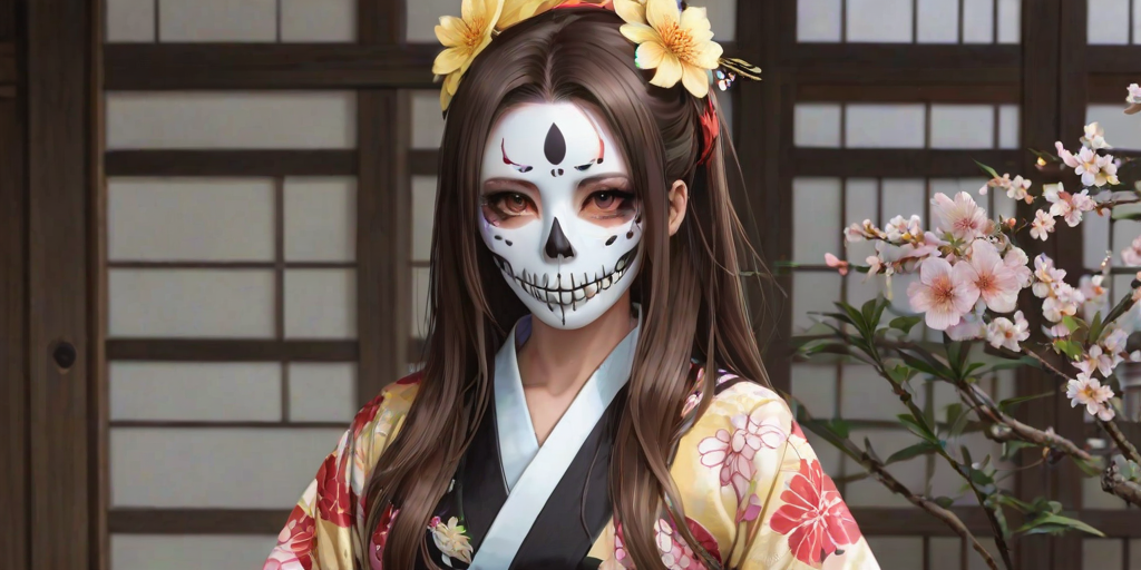 1girl, solo, long hair, looking at viewer, brown hair, brown eyes, yellow eyes, upper body, flower, japanese clothes, kimono, mask, floral print, one eye covered, black kimono, (skull mask)