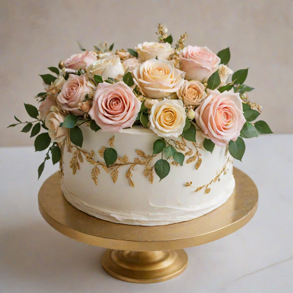 Create an elegant cake design featuring a smooth white frosting with delicate floral decorations. Include various pastel-colored roses and small green leaves, arranged artistically around the cake. Add accents of gold leaf for a touch of luxury. The cake should be displayed on a simple white pedestal against a neutral background.