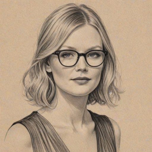 Graceful Kristen Dunst, pencil sketch, portrait of Stunning woman 1929s in glasses, hair style beatnik, outline, clear lines, fine lines, 8k