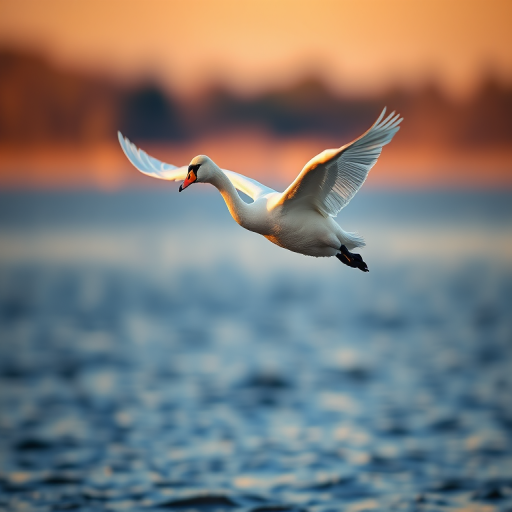 Capture a graceful young swan in mid-flight over a serene lake at sunset, using a Canon EOS R5 with a 70-200mm f/2.8 lens, aperture set to f/4, ISO 400, shutter speed 1/1000s, in a landscape orientation with soft bokeh background and vibrant colors.