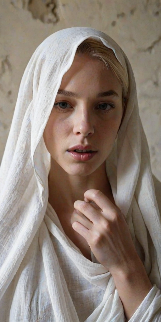 Create a close-up photographic image of the head and torso of a person with light skin tones shown against an old, worn wall. Their head is wrapped in a white cloth covering (i.e.... parts of the head except the nose and mouth, which are open as if they are screaming...), with a slight texture and visible folds in the fabric. Thin strands of blonde hair escape from the wrapping above, falling lightly at the top and sides. Their hands hold the fabric as if they are tugging nervously. The lighting is dramatic and even, casting strong shadows. The image has a minimalist and surreal style with an emphasis on simplicity with soft color tones. The composition is centered.
