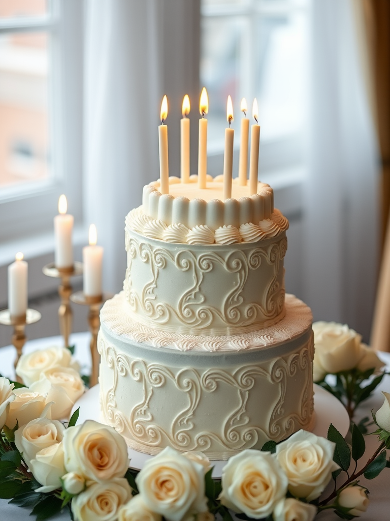 A beautifully decorated three-tier white cake with intricate icing designs, adorned with seven lit candles on top, surrounded by white roses and candles on a beautifully set table, captured using a Canon EOS R5, 50mm lens at f/1.8, ISO 100, soft natural lighting for an elegant effect.