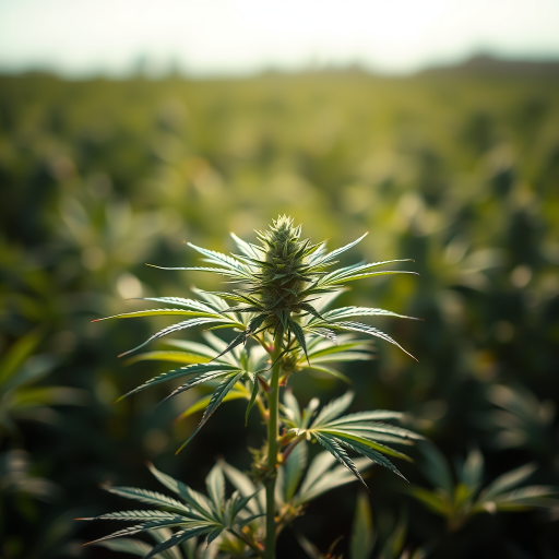 photograph of a marijuana plant in a sunlit field with a blurred background, taken with a DSLR camera using a 50mm lens, aperture set to f/2.8, ISO 100, and a shutter speed of 1/200s for enhanced clarity and depth of field.