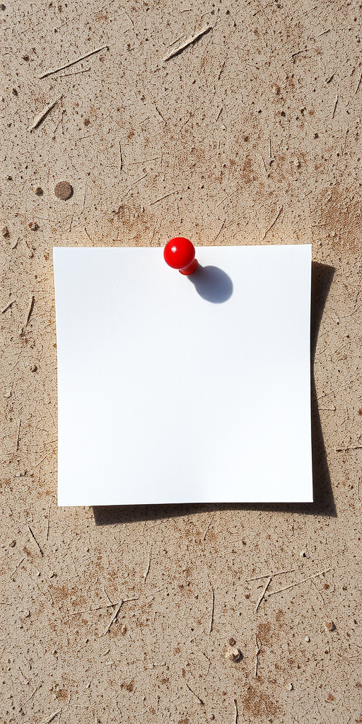 Create an image of a blank white sheet of paper pinned to a textured surface with a red pushpin, using a DSLR camera with a 50mm lens, aperture set at f/2.8, ISO 100, natural lighting, top-down view, emphasizing shadows and details for enhanced realism.