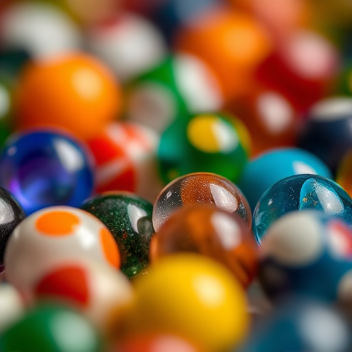 Close-up shot of assorted colorful marbles with a soft blurred background, ISO 100, aperture f/4, shutter speed 1/125s, 50mm macro lens, natural light.