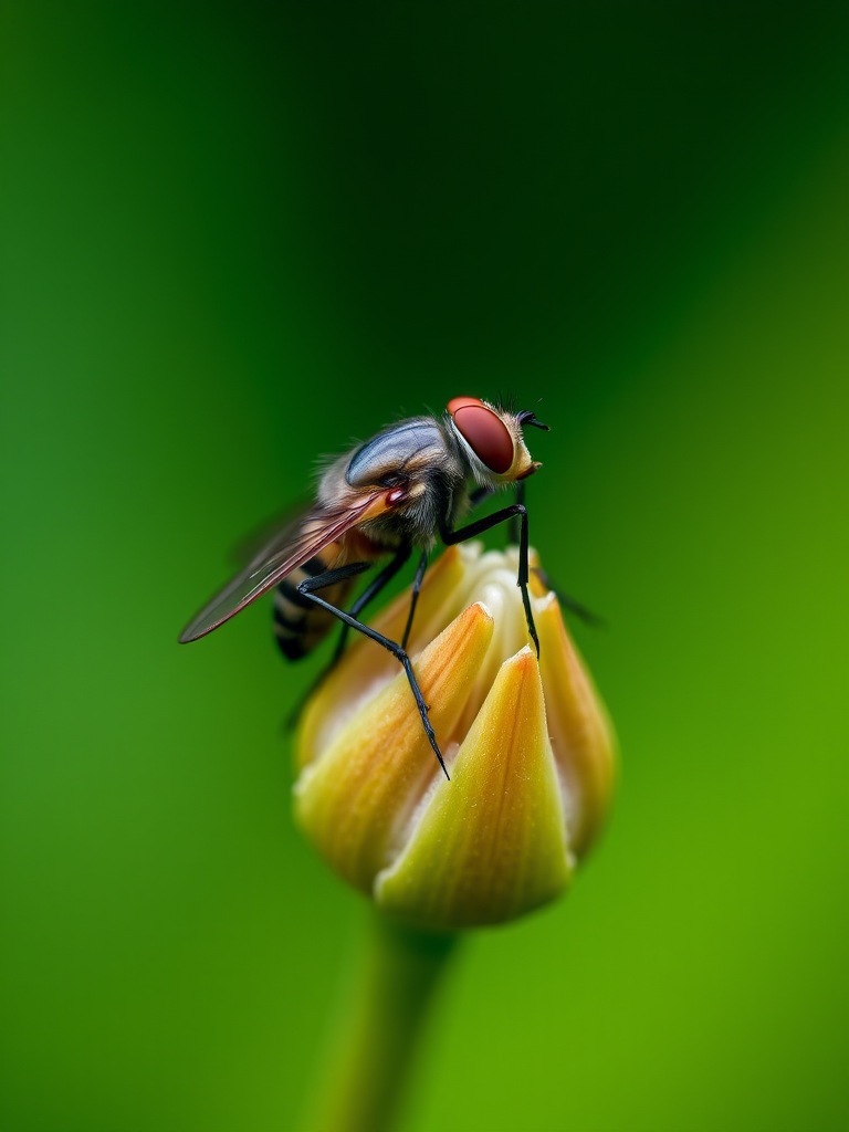 macro photography of a fly on a flower bud with a blurred green background, settings: aperture f/8, shutter speed 1/200s, ISO 100, lens 100mm macro, focal length 100mm, camera type DSLR, focus stacked for enhanced detail