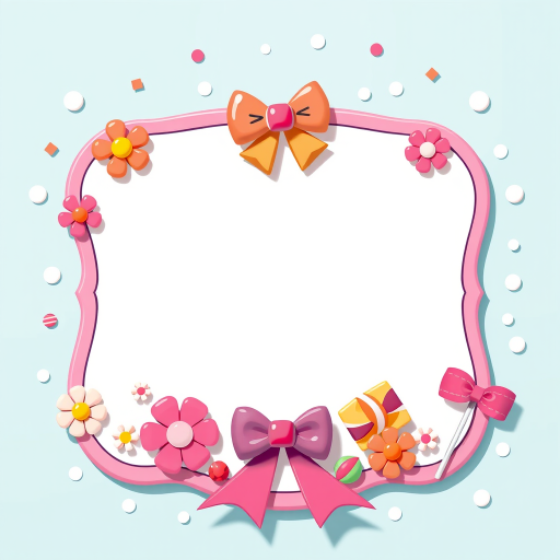 Create a vividly colored, cartoon-style illustration of a blank decorative card featuring a playful design with a light blue background, scattered polka dots, and cheerful elements like flowers, a bow, and candies, using a Canon EOS R5 with a 50mm lens, aperture set to f/2.8, ISO 100, and a shallow depth of field to emphasize the card's details.