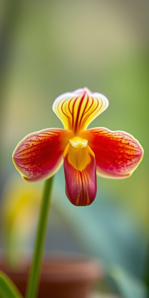 Create a high-resolution image of a vibrant Paphiopedilum orchid with a soft-focus background, shot with a DSLR camera at f/2.8 aperture, ISO 200, 50mm lens, natural light, and a slight overexposure to enhance color richness.