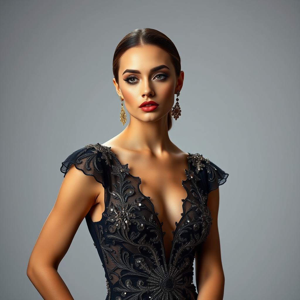 Studio portrait, female model, elegant couture dress, bold makeup, dramatic lighting, Utilize a 50mm portrait lens for crisp details and a soft background blur, 8k