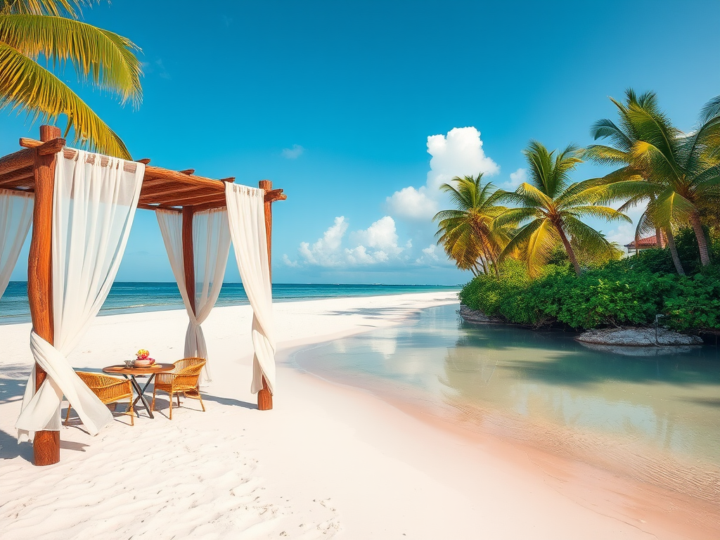 Create a picturesque tropical beach scene featuring a serene, white sandy shore. In the foreground, there's a rustic wooden canopy with white drapes gently flowing in the breeze. Underneath the canopy, a table is set with tropical decor, evoking a sense of relaxation and leisure. The beach extends into a calm, shallow water area with reflections of the sky and surroundings. Palm trees and lush greenery line the edge of the beach, providing a natural, tropical backdrop. The sky is clear with a few scattered clouds, and the overall atmosphere is tranquil and inviting, perfect for a peaceful retreat.