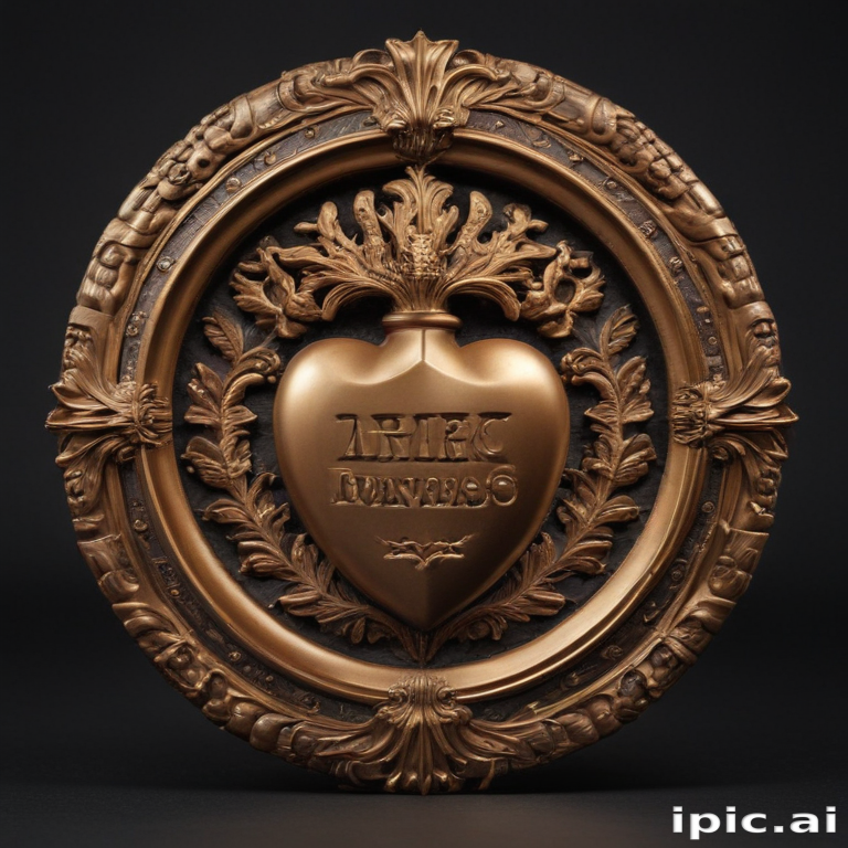 Intricately Carved Bronze Heart Emblem Surrounded by Ornate Floral Designs