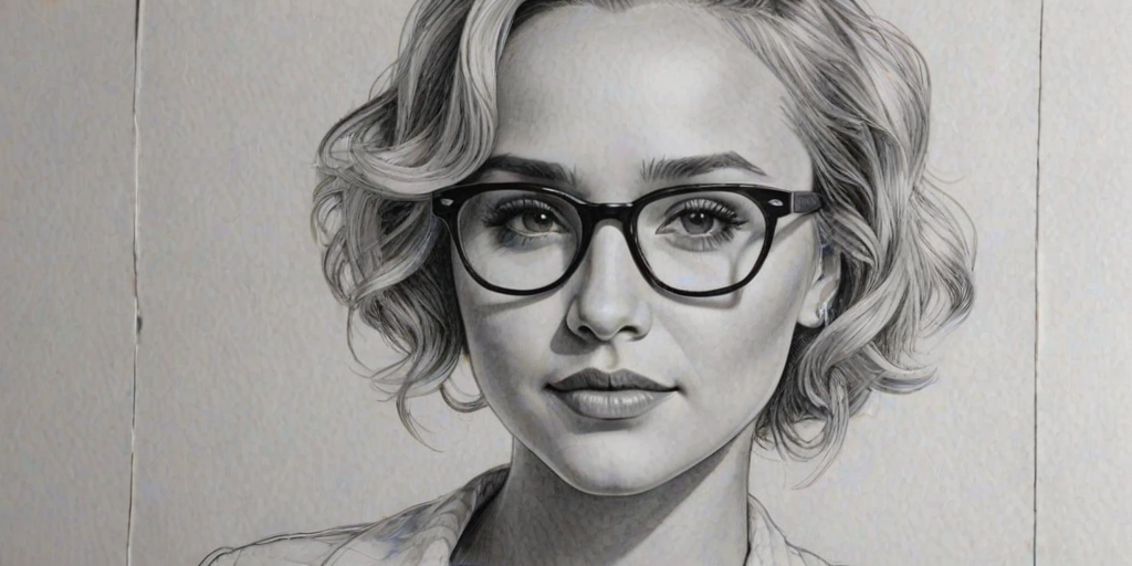 Exquisite Hayden Panettiere, pencil sketch, portrait of Captivating woman 1932s in glasses, hair style beatnik, outline, clear lines, fine lines, 8k