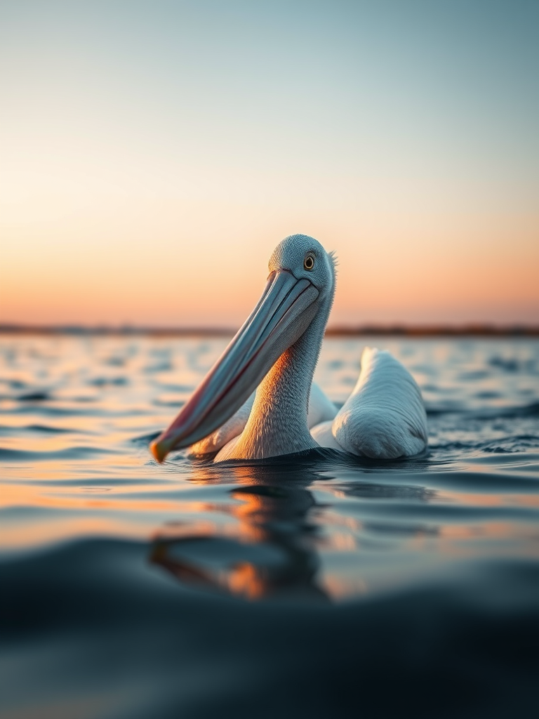 Capture a close-up shot of a pelican swimming in calm water during golden hour, using a DSLR camera with a 50mm lens, aperture set to f/2.8, ISO 100, shutter speed 1/500 sec, with a shallow depth of field to create a soft background blur.