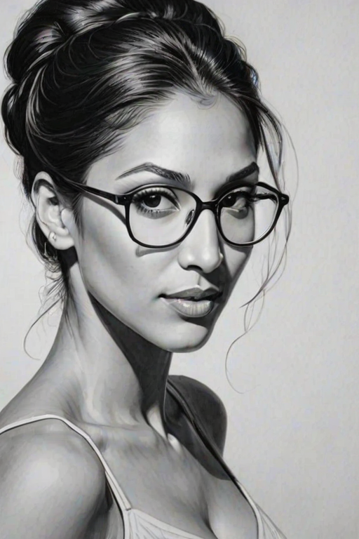 Radiant Janina Gavankar, pencil sketch, portrait of Graceful woman 1959s in glasses, hair style beatnik, outline, clear lines, fine lines, 8k
