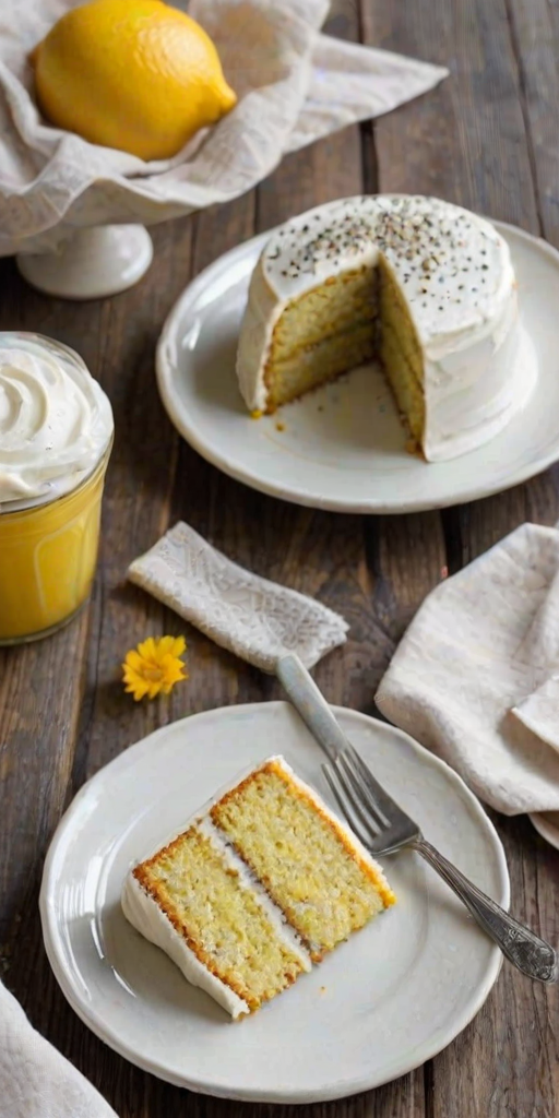 Create an image of a slice of lemon poppy seed cake on a small plate. The cake should have layers filled with lemon curd and a smooth frosting on top. Include a fork resting on the plate and a soft, neutral background to enhance the dessert's colors.