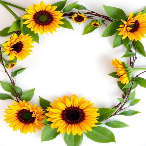 Create an image of a decorative frame featuring sunflowers and green leaves with a blank center for text, using a DSLR camera with a 50mm lens at f/2.8 aperture, ISO 100, shot in natural lighting from a top-down view to capture vibrant colors and sharp details.