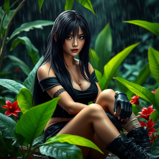 A highly detailed photograph of a woman with long black hair, sitting in the rain beneath lush green foliage. She wears a black off-the-shoulder top, fingerless gloves, and combat boots, giving her a rugged, militaristic look. Her left arm is bandaged, hinting at a recent struggle. The jungle background is vibrant, with large green leaves and red flowers contrasting against the rainy, dark sky. Fine rain droplets add realism and atmosphere to the scene.