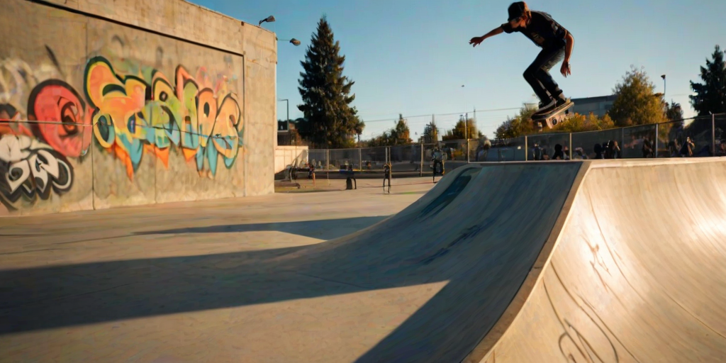 Blurry action shot of a skateboarder mid-air above a concrete ramp, sunlight casting long shadows, the graffiti-covered walls of the skatepark in the background, distant onlookers watching, the sound of rolling wheels and cheers filling the air.