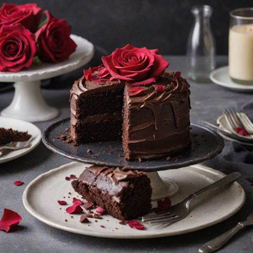 Create an image of a rich chocolate cake with smooth chocolate frosting. The cake should be round with a slice cut out to reveal its dark, moist interior. Place the cake on a simple black plate, and include a few scattered rose petals around it for a touch of elegance. In the background, add a small plate with a piece of the cake and a soft, neutral backdrop.