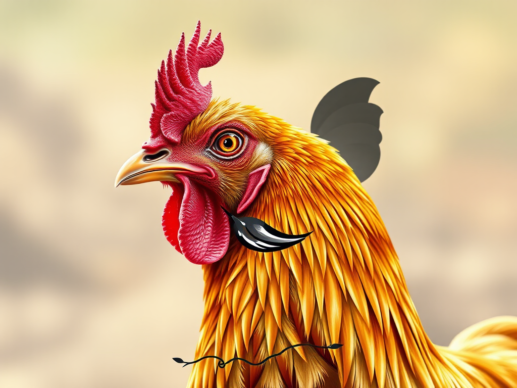 Generate a high-quality image of a detailed chicken illustration in a realistic style, using a DSLR camera with a 50mm lens, aperture set to f/2.8, ISO 100, and a shallow depth of field.