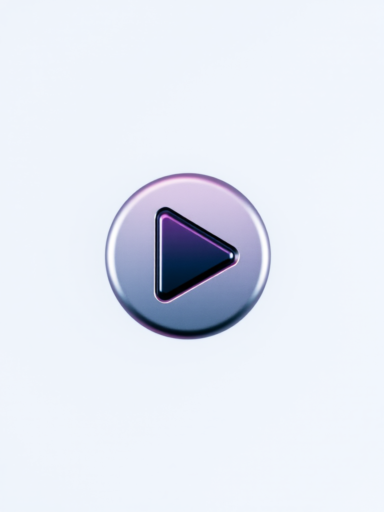 Create a high-resolution image of a play button icon with a glossy finish and smooth gradients, captured with a DSLR camera at f/2.8, ISO 100, and a focal length of 50mm, using a shallow depth of field to focus on the icon while softly blurring the background.