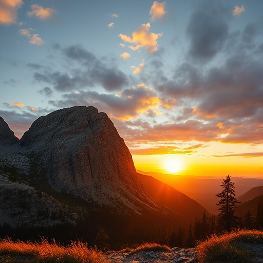 Generate a high-resolution image of a scenic mountain landscape during sunset, using a DSLR camera with a 50mm lens, aperture f/8, ISO 100, shutter speed 1/200s, wide-angle view, and vibrant color settings.