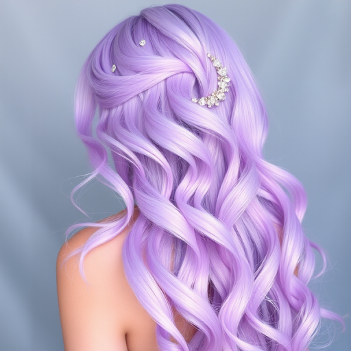 Ethereal pastel lavender mermaid waves called "Moonlit Cascade" cascading down to the waist, shimmering with iridescent undertones and adorned with delicate crystal hair pins