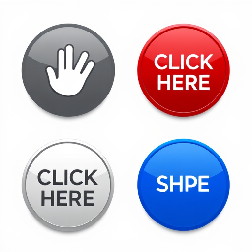 Create a high-resolution graphic featuring four circular buttons: a gray button with a white hand icon and the text "CLICK HERE," a red button with the same design, a silver button featuring the same theme, and a blue button, all with a clean, modern style, captured with a DSLR camera at f/2.8 aperture, ISO 100, 1/60s shutter speed, and a 50mm lens focusing on vibrant colors and sharp details.