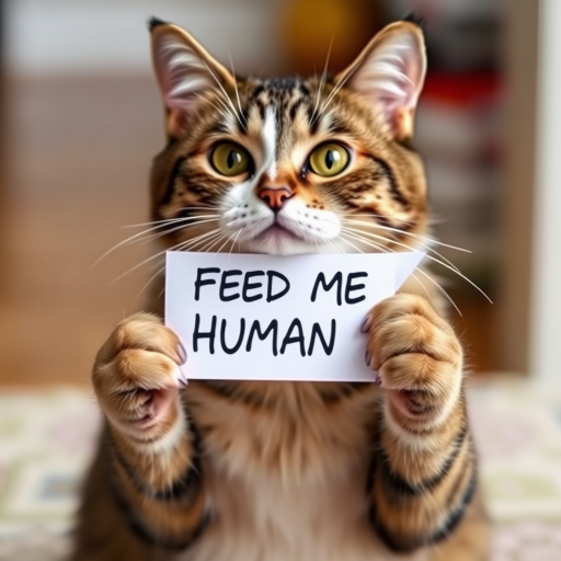 cat holding a note which says "FEED ME HUMAN"