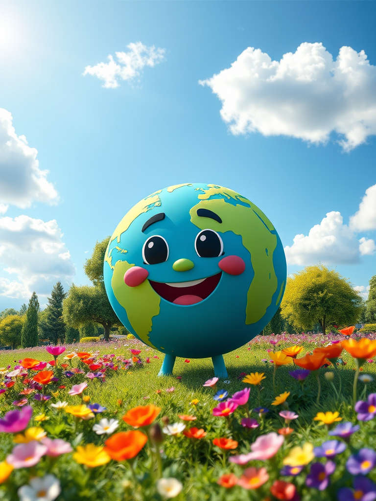 Generate a vibrant cartoon landscape featuring a happy Earth character with a smile, surrounded by colorful flowers and green trees under a bright blue sky with fluffy white clouds, using a Canon EOS R5 camera with a 50mm lens, aperture f/2.8, ISO 100, and a wide-angle view for enhanced image quality.