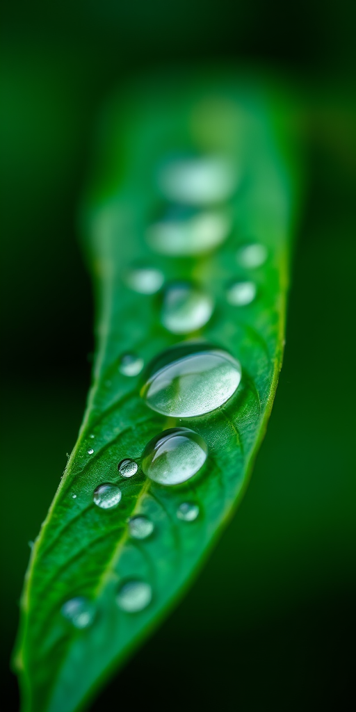 Close-up of a green leaf with water droplets, shallow depth of field, soft background bokeh, taken with a macro lens at f/2.8, ISO 100, 1/250s shutter speed, natural lighting, DSLR camera.